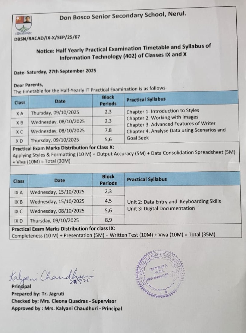 Haly Yearly Practical Exam Time Table and Syllabus for IT Class IX and ...